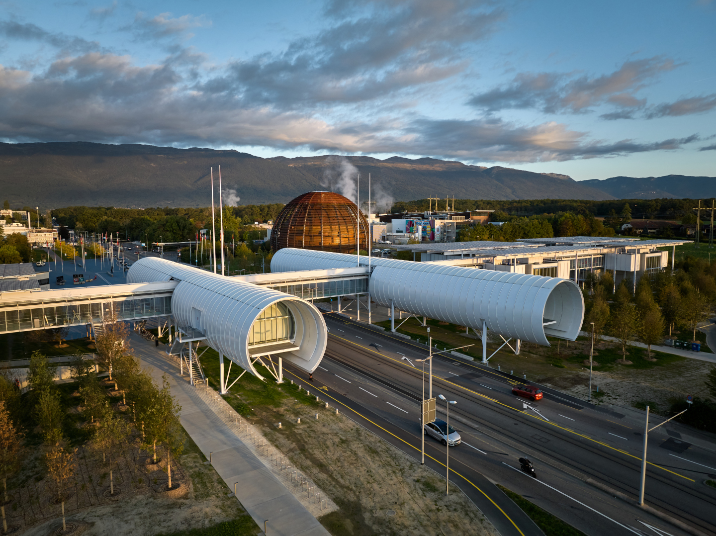 A view on Science Gateway, Globe and mountains in the background